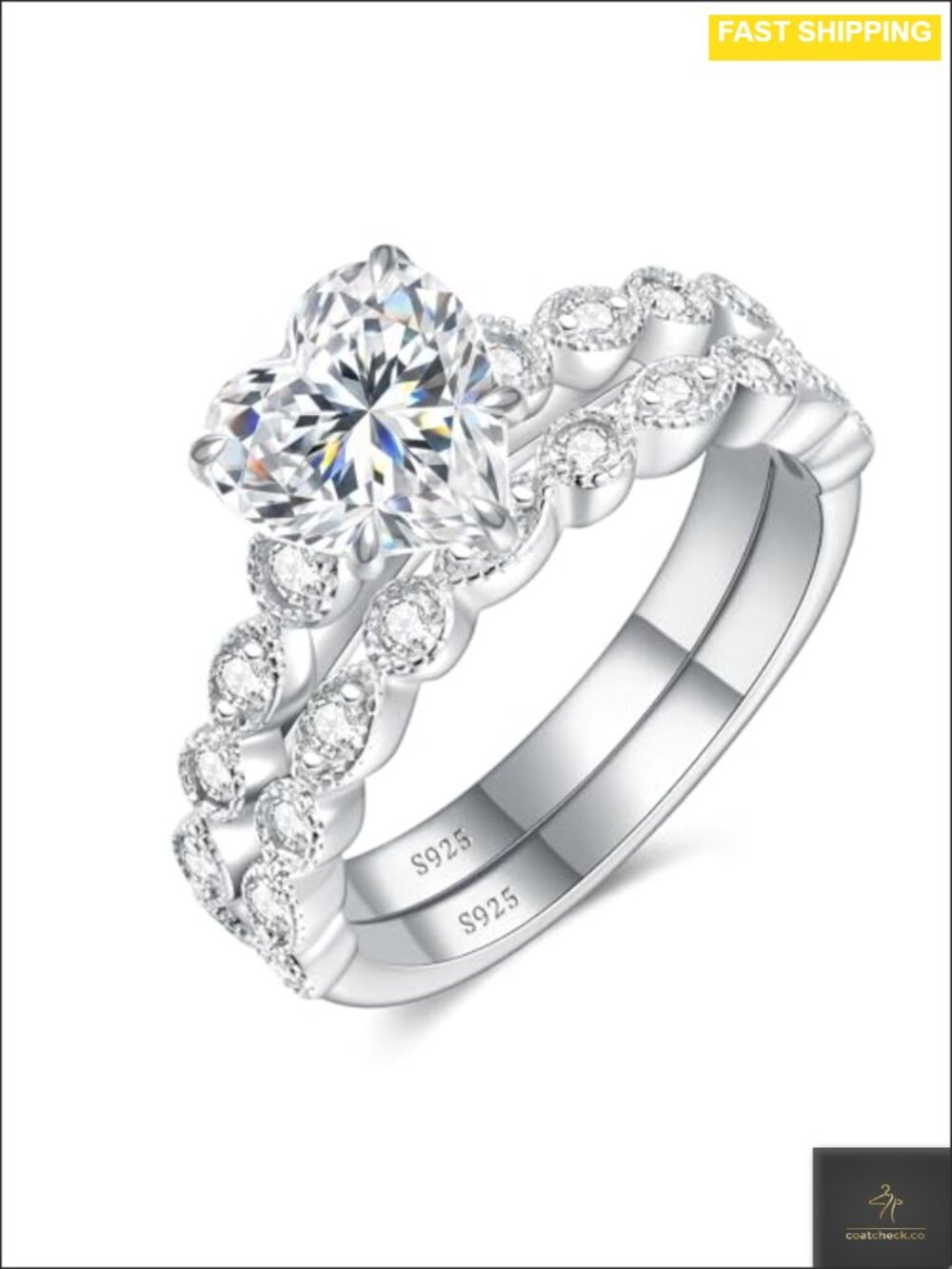 2CT Heart Cut Moissanite Promise Ring Set Sterling Silver Milgrain
